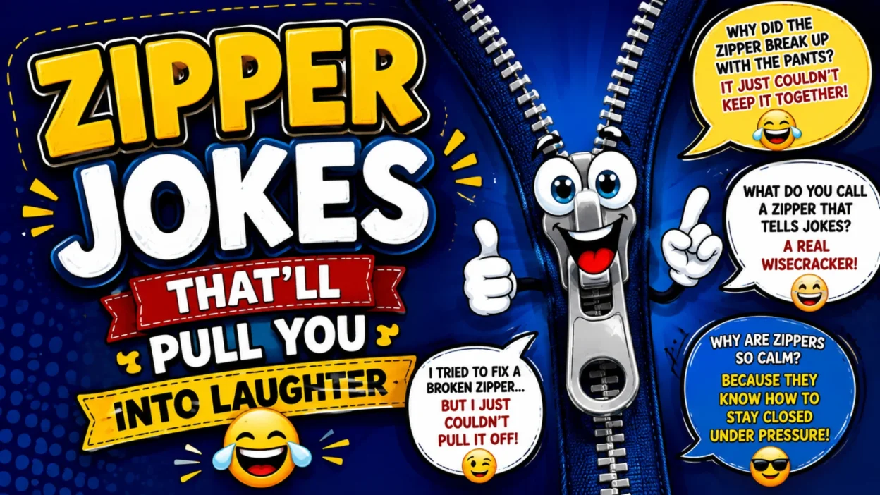 Zipper jokes cartoon featuring funny zipper puns and playful laughter