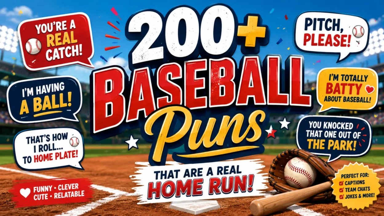 200+ Baseball puns illustrated with a baseball, bat, glove, and stadium background for a funny wordplay collection.