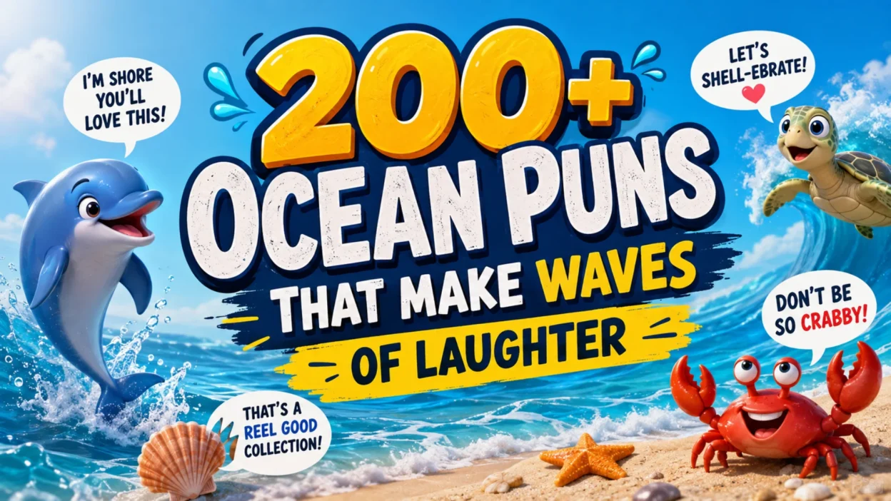 200+ Ocean Puns That Make Waves of Laughter with funny sea creatures, ocean waves, beach, and playful marine-themed wordplay