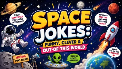 Space jokes featuring a funny astronaut, alien, planets, rocket, and colorful cosmic background