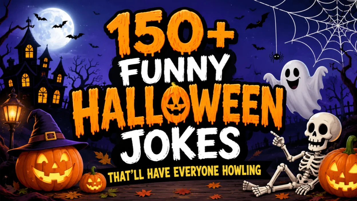 Cartoon Halloween illustration featuring pumpkins, a smiling ghost, a skeleton, bats, and a haunted house promoting 150+ funny Halloween jokes.