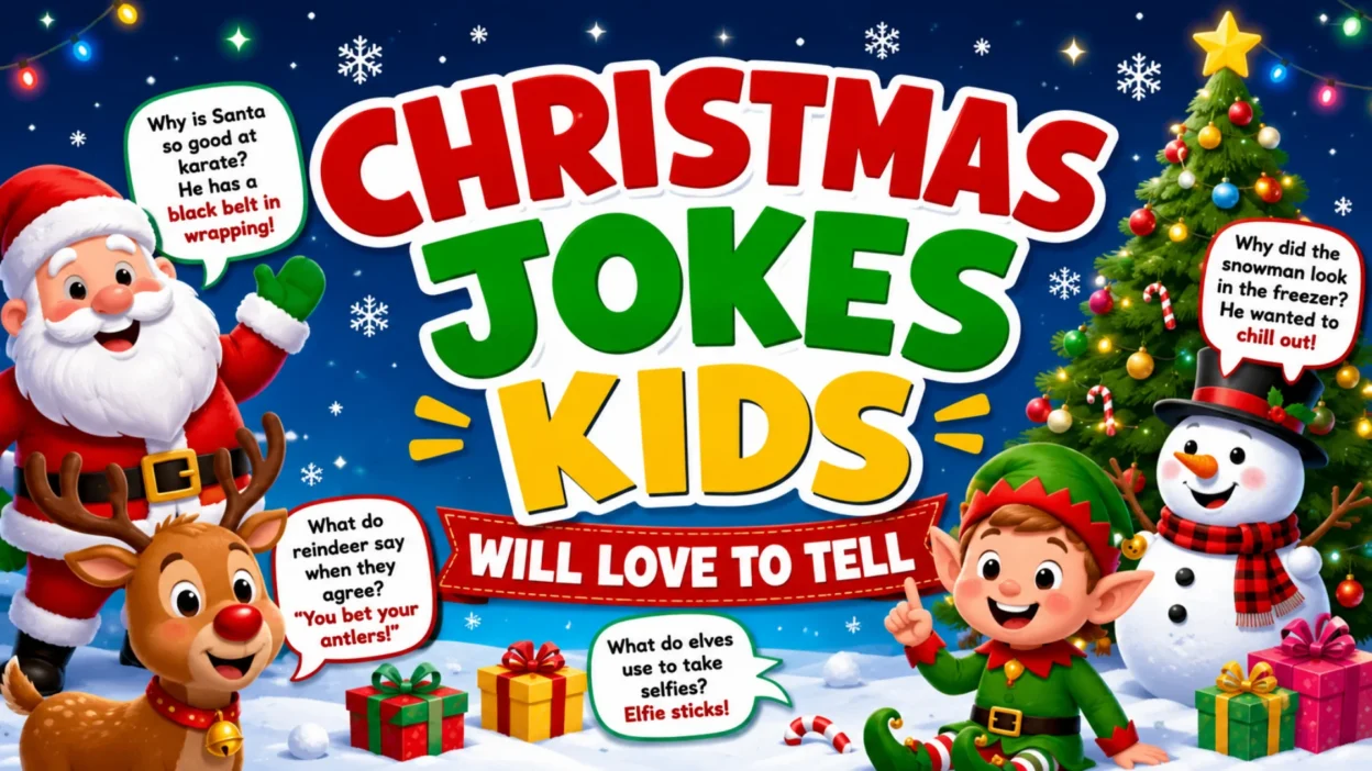 Christmas jokes kids will love to tell featuring Santa, reindeer, elf, snowman, and funny holiday jokes