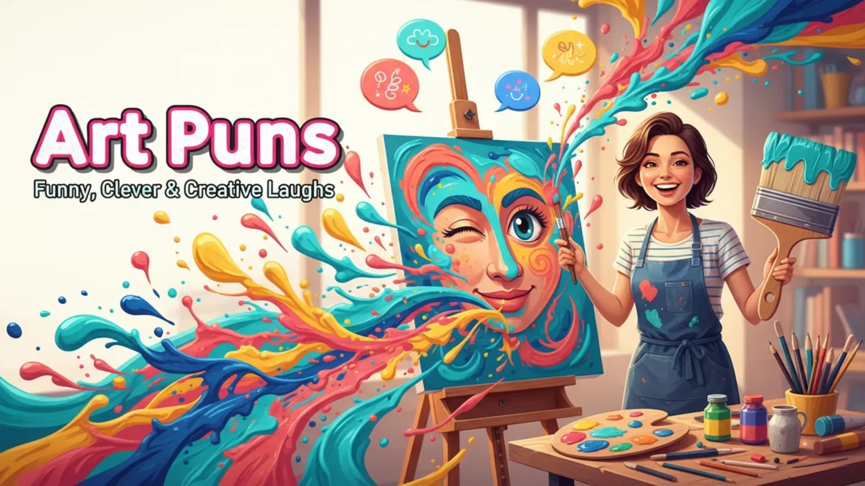 Colorful art puns thumbnail showing a smiling artist holding a large paintbrush beside a playful winking portrait on a canvas, surrounded by vibrant paint splashes, art supplies, and the text “Art Puns: Funny, Clever & Creative Laughs.”