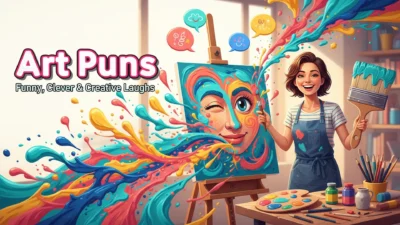 Colorful art puns thumbnail showing a smiling artist holding a large paintbrush beside a playful winking portrait on a canvas, surrounded by vibrant paint splashes, art supplies, and the text “Art Puns: Funny, Clever & Creative Laughs.”