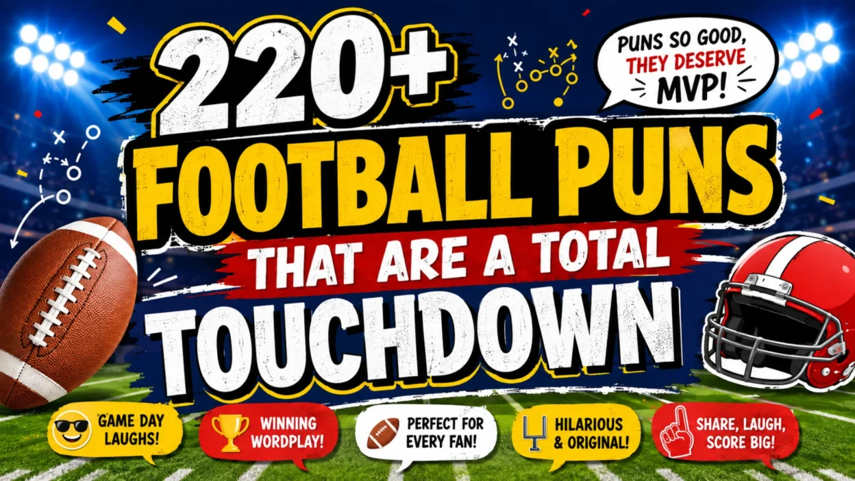220+ Football puns with football, helmet, and stadium background for funny game day jokes and captions