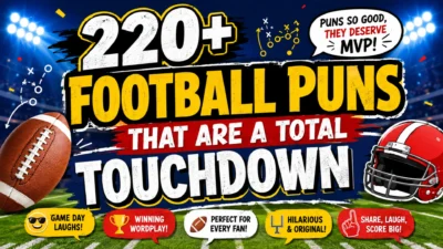 220+ Football puns with football, helmet, and stadium background for funny game day jokes and captions