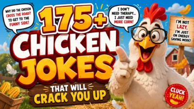 Funny chicken jokes hero image featuring a cartoon chicken on a farm with colorful text promoting 175+ hilarious chicken jokes.