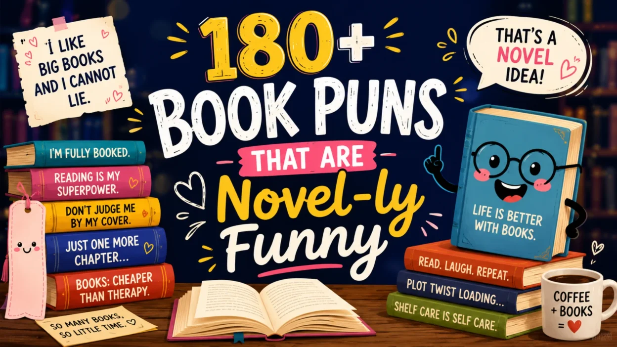 180+ book puns with colorful books, funny literary quotes, and playful illustrations for book lovers