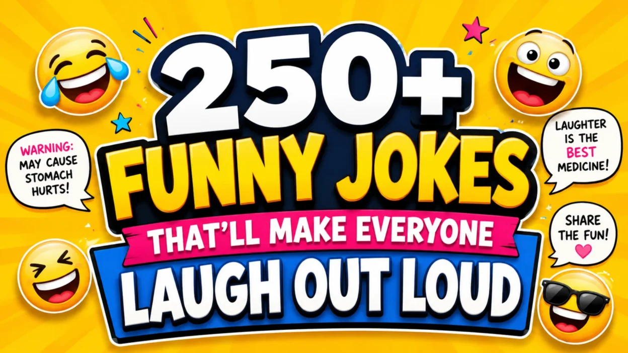 Colorful hero banner featuring 250+ funny jokes with laughing emojis and bold text to make everyone laugh out loud.