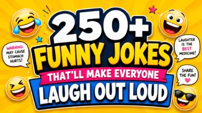 Colorful hero banner featuring 250+ funny jokes with laughing emojis and bold text to make everyone laugh out loud.