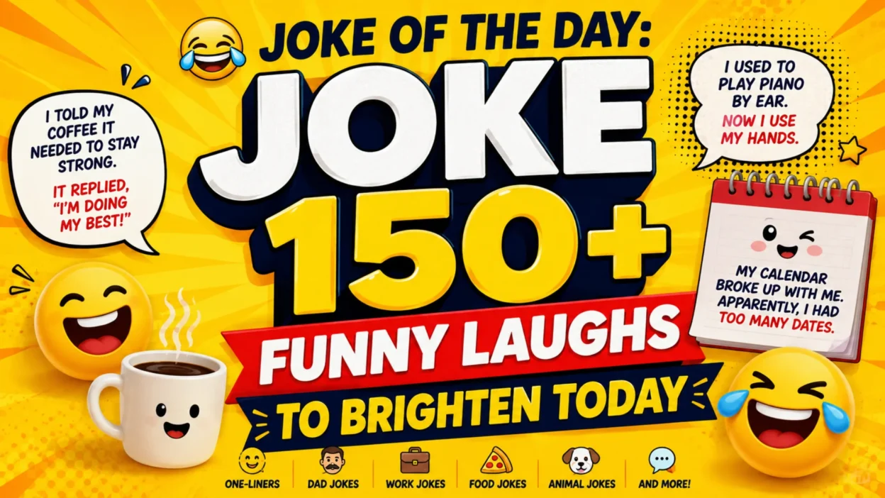 Joke of the Day featured image with 150+ funny laughs, clean jokes, one-liners, dad jokes, and humorous illustrations to brighten your day.