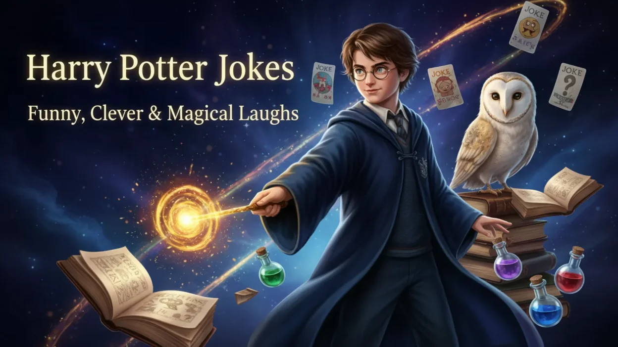 A young wizard holding a glowing wand beside a white owl, floating joke cards, spellbooks, and colorful potion bottles, with the text “Harry Potter Jokes: Funny, Clever & Magical Laughs.”