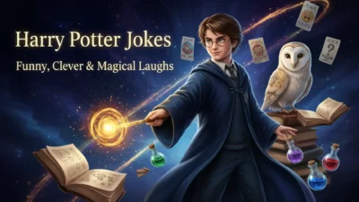 A young wizard holding a glowing wand beside a white owl, floating joke cards, spellbooks, and colorful potion bottles, with the text “Harry Potter Jokes: Funny, Clever & Magical Laughs.”