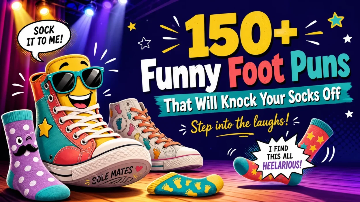 Colorful illustrated graphic featuring funny cartoon sneakers and socks with the headline “150+ Funny Foot Puns That Will Knock Your Socks Off.”