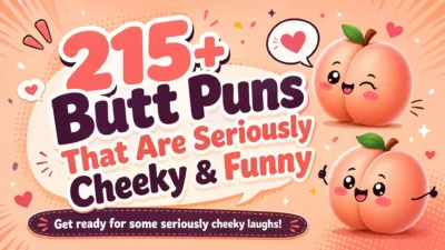 Playful peach characters with smiling faces beside the text “215+ Butt Puns That Are Seriously Cheeky & Funny.”