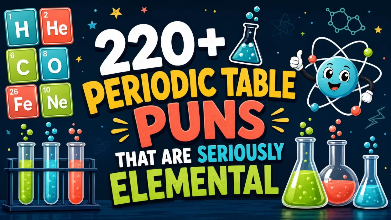 Colorful science-themed banner featuring element tiles, bubbling test tubes, laboratory flasks, a friendly cartoon atom, and the title “220+ Periodic Table Puns That Are Seriously Elemental.”