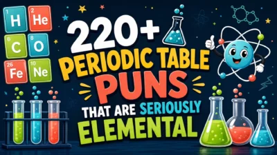 Colorful science-themed banner featuring element tiles, bubbling test tubes, laboratory flasks, a friendly cartoon atom, and the title “220+ Periodic Table Puns That Are Seriously Elemental.”
