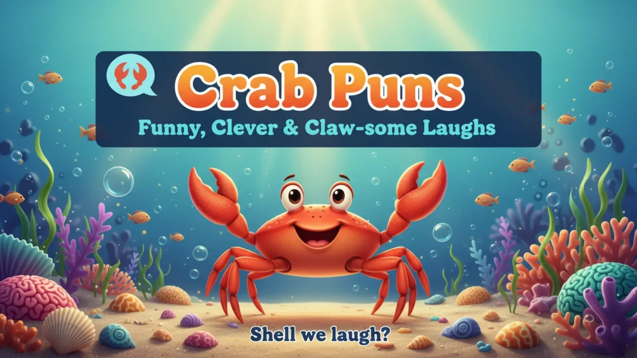 A cheerful orange crab with raised claws stands in a colorful underwater scene surrounded by coral, seaweed, shells, bubbles, and small fish. The banner reads “Crab Puns,” “Funny, Clever & Claw-some Laughs,” and “Shell we laugh?”