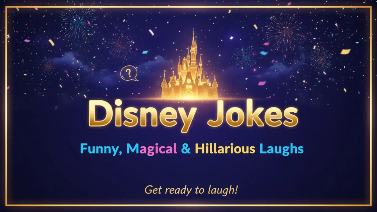 A colorful magical comedy banner featuring a glowing golden castle beneath a starry purple-blue sky with fireworks and confetti. Large golden text reads “Disney Jokes,” with the subtitle “Funny, Magical & Hilarious Laughs” and the phrase “Get ready to laugh!”