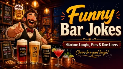 Funny bar jokes graphic featuring a laughing bartender, beer mugs, cocktails, and the headline “Funny Bar Jokes: Hilarious Laughs, Puns & One-Liners.”