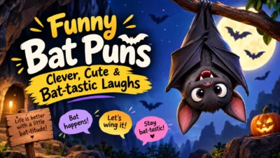 Funny bat puns graphic with cute cartoon bat, spooky cave, moon, and humorous bat-tastic captions