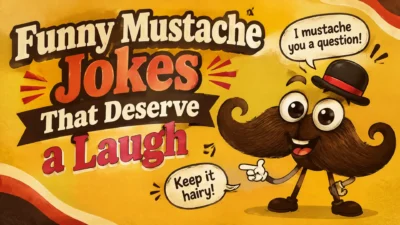 Funny cartoon mustache character wearing a bowler hat with the words “Funny Mustache Jokes That Deserve a Laugh.”