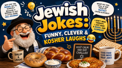 Jewish jokes featuring funny bagel, challah, matzo, latkes, menorah, and humorous Jewish family themes