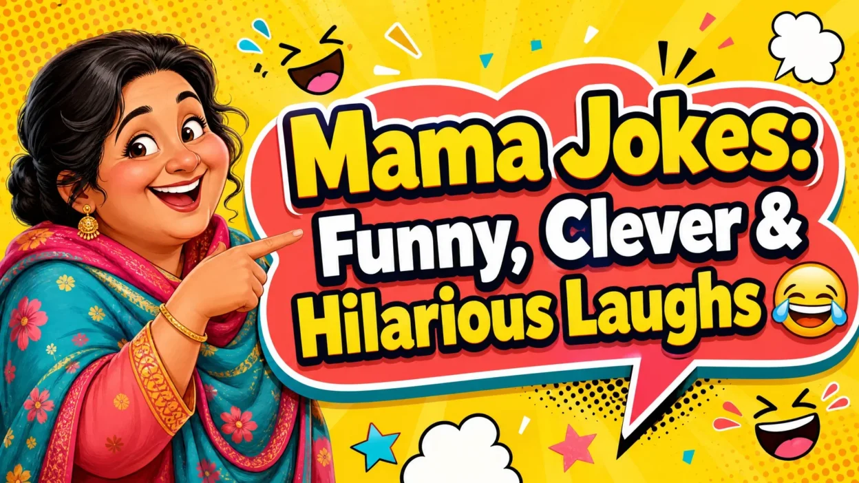 Colorful cartoon thumbnail showing a smiling South Asian mother in traditional clothing pointing toward bold text that reads “Mama Jokes: Funny, Clever & Hilarious Laughs 😂,” surrounded by laughter symbols, speech bubbles, confetti, and comic-book accents.