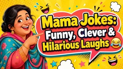 Colorful cartoon thumbnail showing a smiling South Asian mother in traditional clothing pointing toward bold text that reads “Mama Jokes: Funny, Clever & Hilarious Laughs 😂,” surrounded by laughter symbols, speech bubbles, confetti, and comic-book accents.