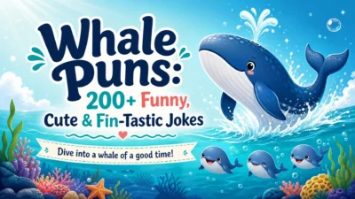 Colorful cartoon whale jumping from ocean waves beside the title “Whale Puns: 200+ Funny, Cute & Fin-Tastic Jokes.”