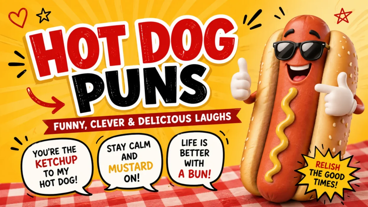 Hot dog puns graphic featuring a funny cartoon hot dog, mustard, ketchup, and clever food jokes