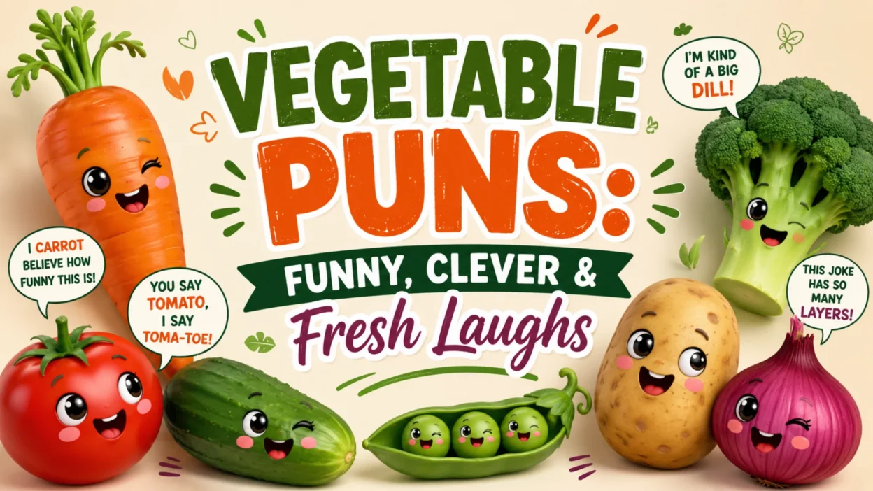 Funny vegetable puns featuring cute cartoon carrots, broccoli, tomato, cucumber, potato, onion, and peas