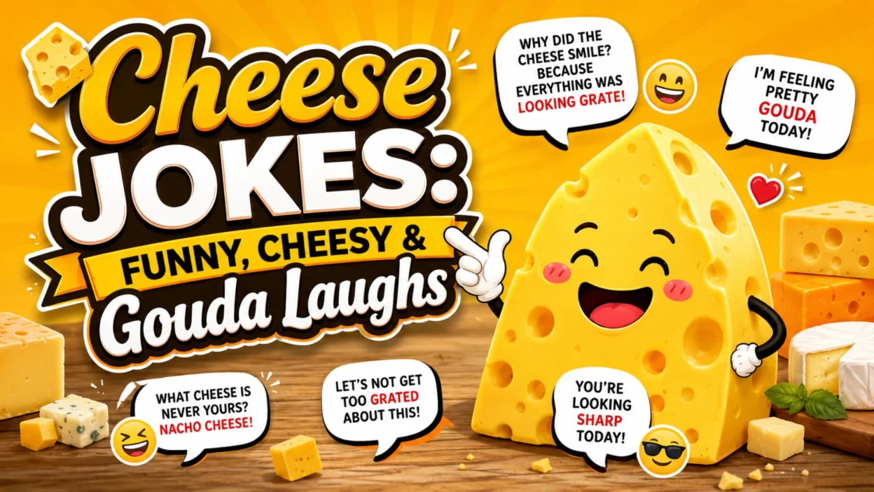 Cheese jokes graphic featuring a smiling cheese wedge and funny cheesy puns