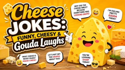 Cheese jokes graphic featuring a smiling cheese wedge and funny cheesy puns